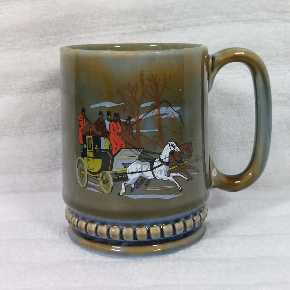 VTG Wade Irish Porcelain Pottery Cup Horses Carriage Ireland Mug Green Blue READ